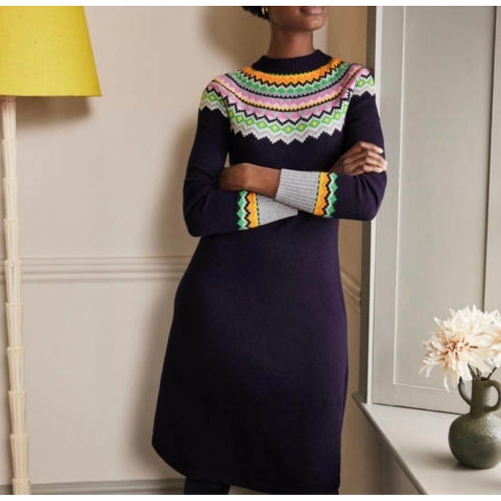 Boden‎ Millie Fair Isle Wool Blend Knit Sweater Dress Blue US 10R Soft Alpaca